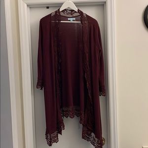 Maroon Open Tunic Cardigan with Lace Detail